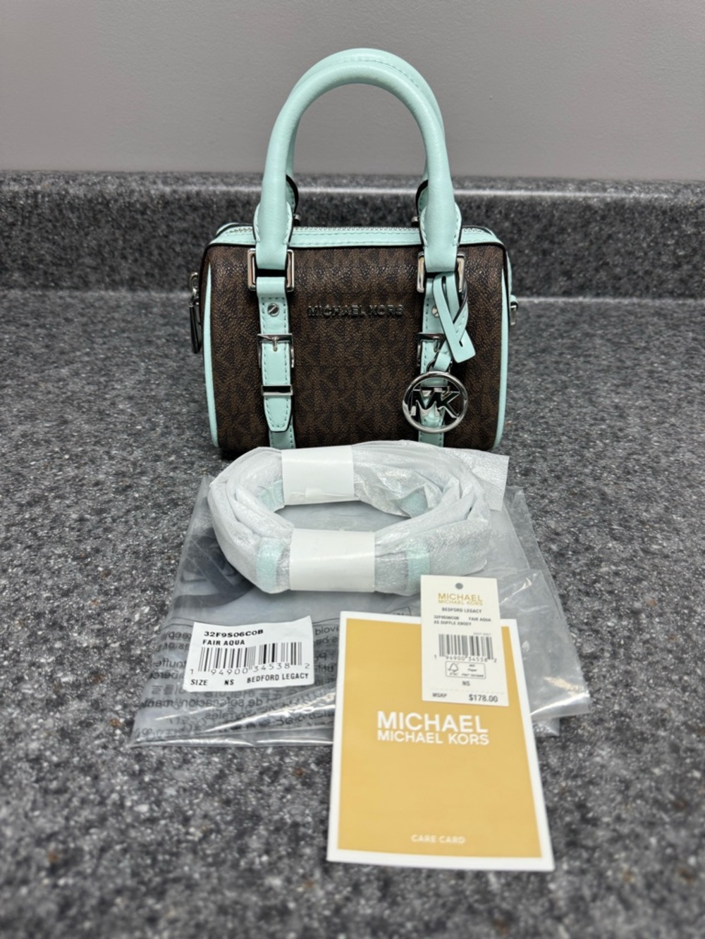 NWT Michael Kors Bedford Legacy XS Logo Duffle Crossbody Bag Brown/Aqua Blue 178